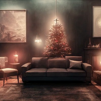 クリスマスツリーの前のソファーの写真