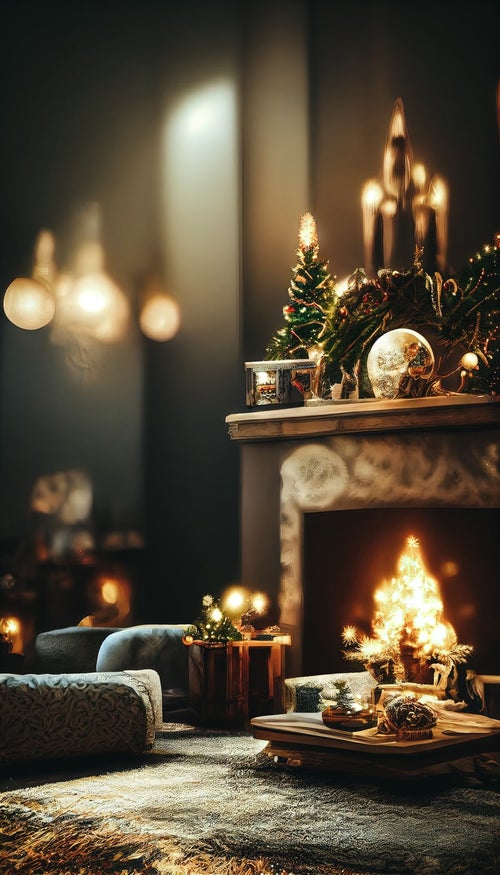 クリスマスに彩る暖炉ある部屋の写真