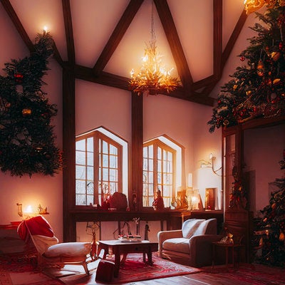 キャンドルの柔らかい光とバンガロー（クリスマス）の写真