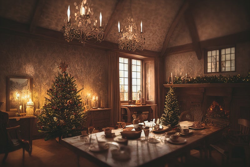 アンティーク調の部屋とクリスマスツリーが飾られたディナーの写真