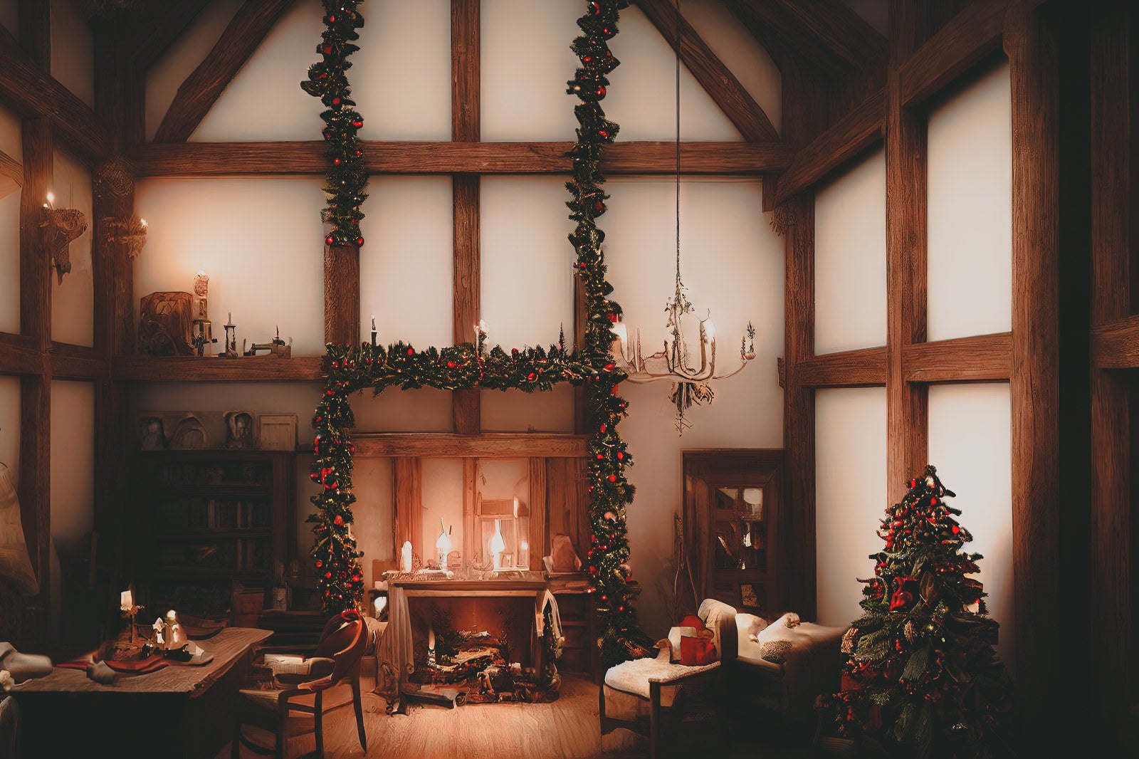 「クリスマスの飾り付けされた暖炉のある山小屋」の写真