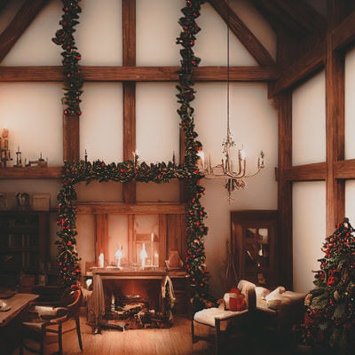クリスマスの飾り付けされた暖炉のある山小屋の写真