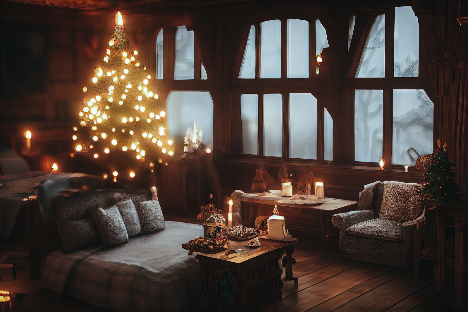 「ライトアップされたクリスマスツリーの部屋」の写真