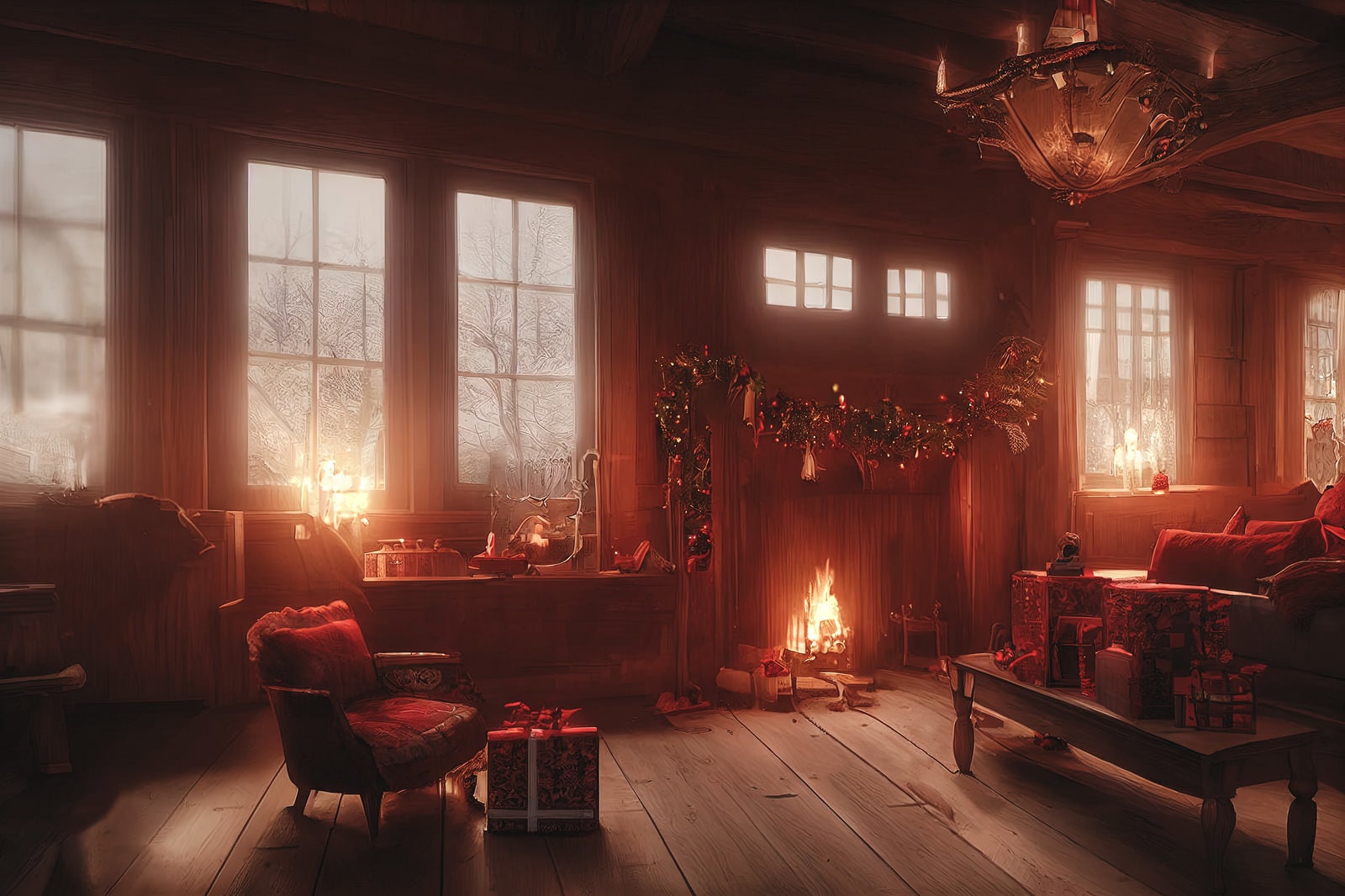 「暖炉の部屋とテーブル上のプレゼント」の写真