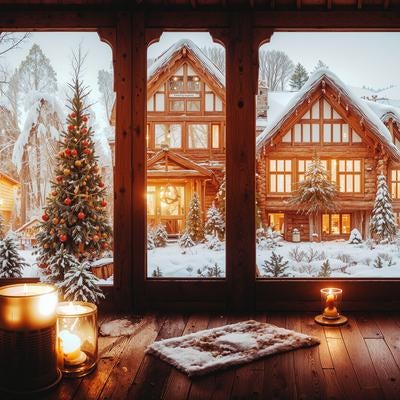 雪が降り積もった屋外とクリスマスツリーの写真