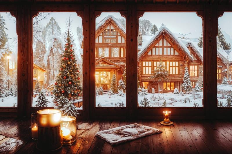 雪が降り積もった屋外とクリスマスツリーの写真