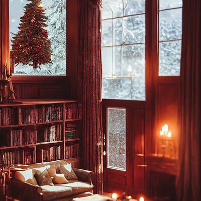 大きな窓から見える雪景色の写真