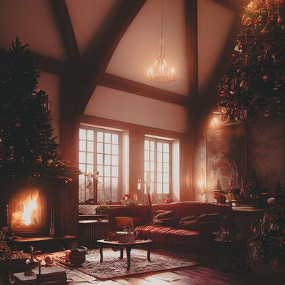 暖炉の暖かみを感じるクリスマスの写真