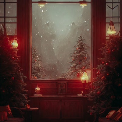 窓の外に舞い散る雪とクリスマスの日の写真