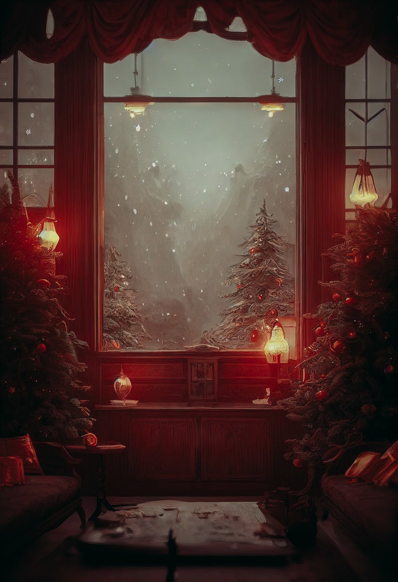 「窓の外に舞い散る雪とクリスマスの日」の写真