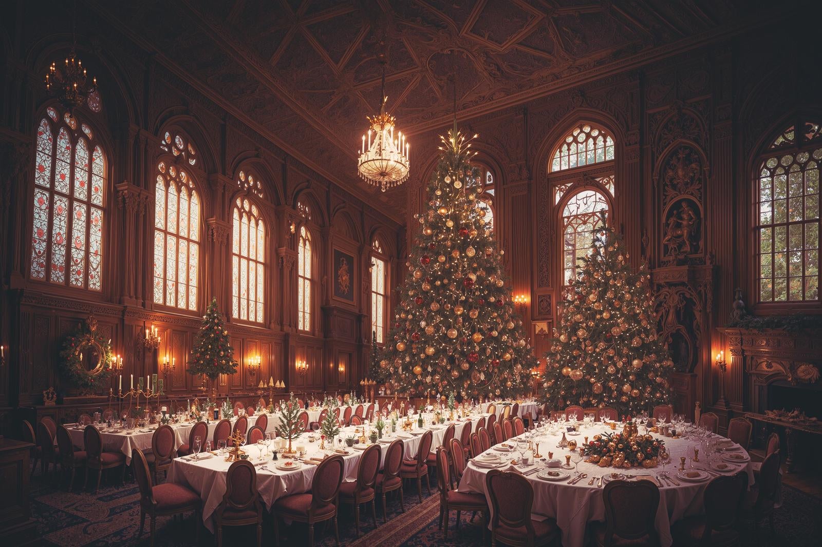 「クリスマスツリーが飾られたパーティー会場」の写真