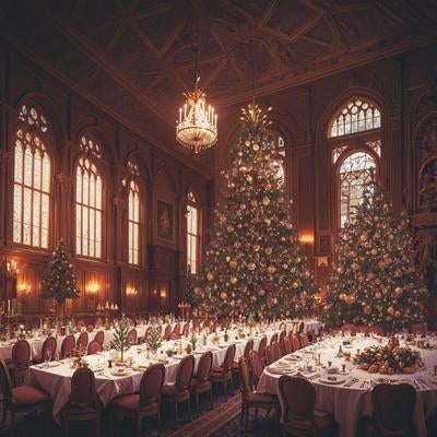 クリスマスツリーが飾られたパーティー会場の写真