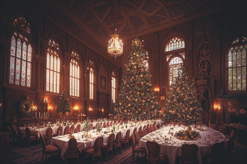 クリスマスツリーが飾られたパーティー会場の写真