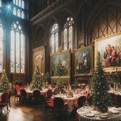 クリスマスツリーが彩る豪華な晩餐会の写真