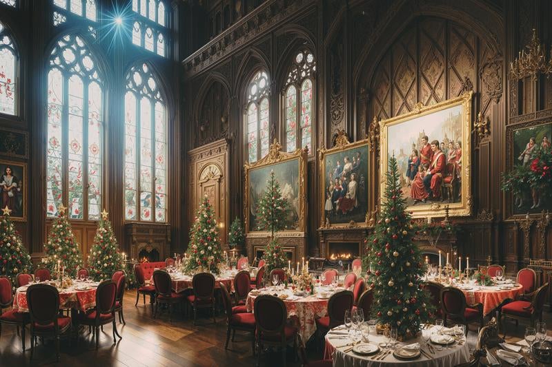 クリスマスツリーが彩る豪華な晩餐会の写真