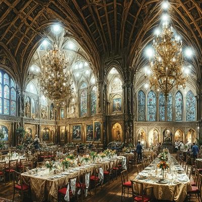 シャンデリア輝くゴシック様式大聖堂でのクリスマスディナーパーティーの写真