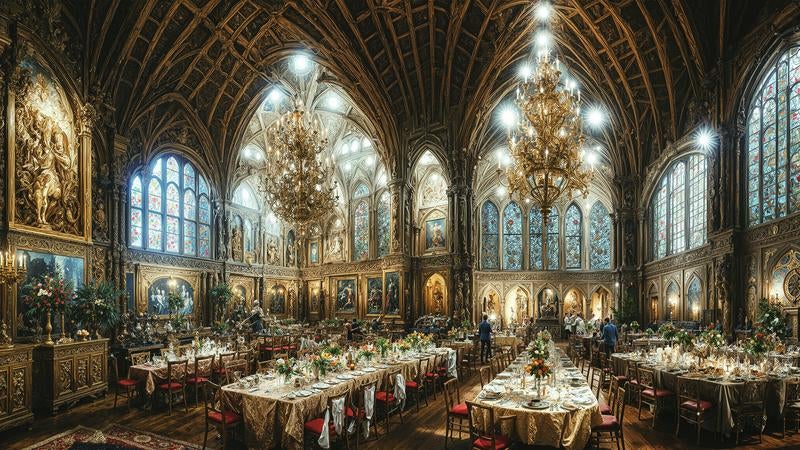 シャンデリア輝くゴシック様式大聖堂でのクリスマスディナーパーティーの写真