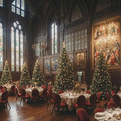 ステンドグラスの窓から差し込む光とクリスマス仕様の食堂の写真