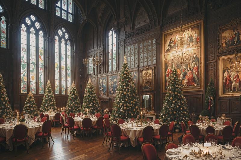 ステンドグラスの窓から差し込む光とクリスマス仕様の食堂の写真