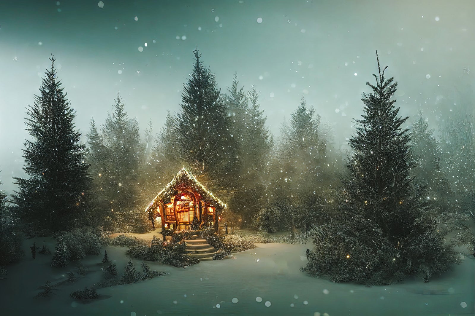 「降雪の中に佇む山小屋」の写真