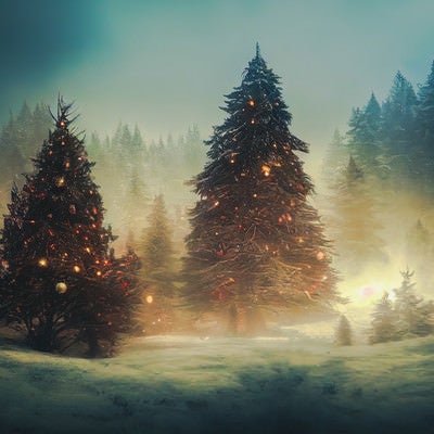 雪深い森の中のクリスマスツリーの写真