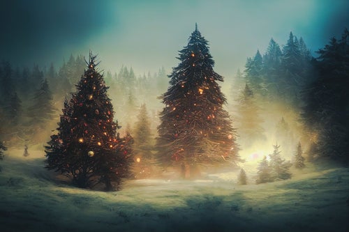 雪深い森の中のクリスマスツリーの写真
