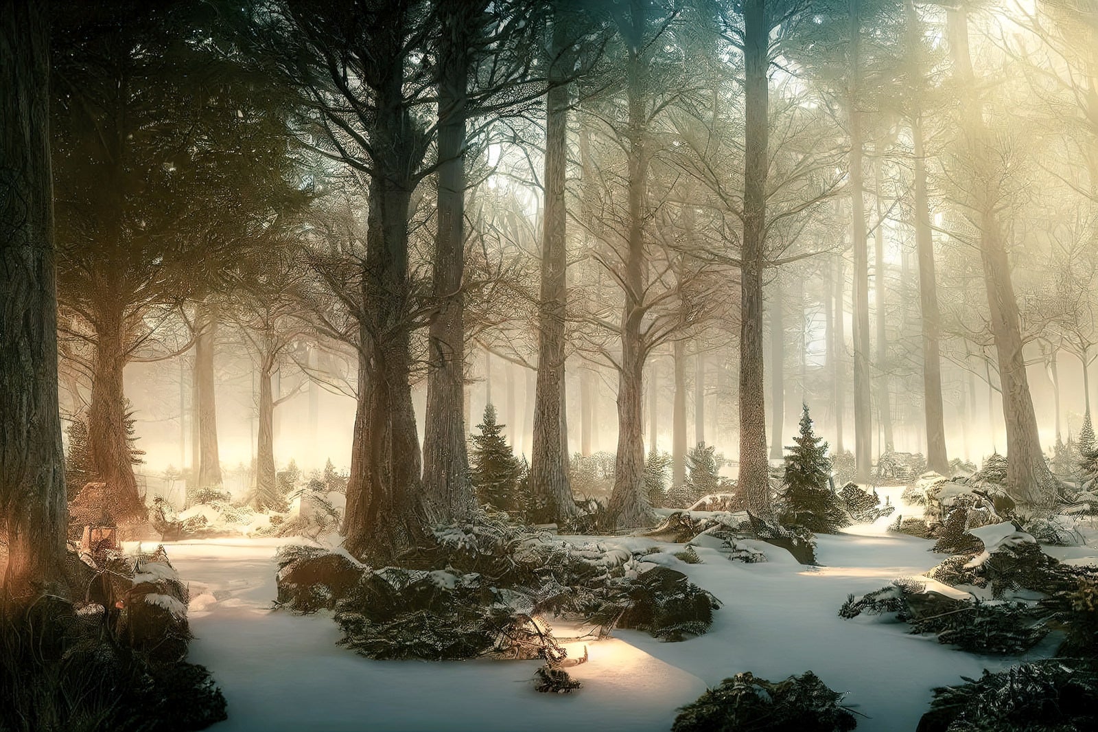 「朝靄に包まれた冬の森」の写真