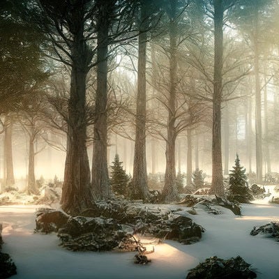 朝靄に包まれた冬の森の写真
