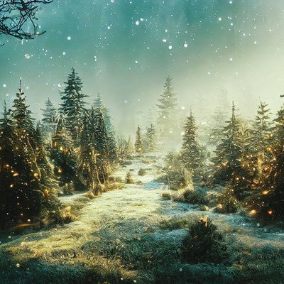 煌めく光が舞う雪の森の写真