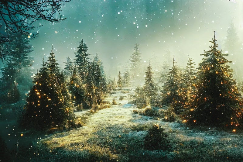 煌めく光が舞う雪の森の写真