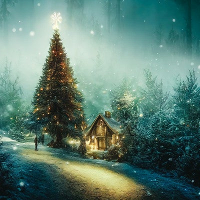 ライトアップされたクリスマスツリーと山小屋の写真