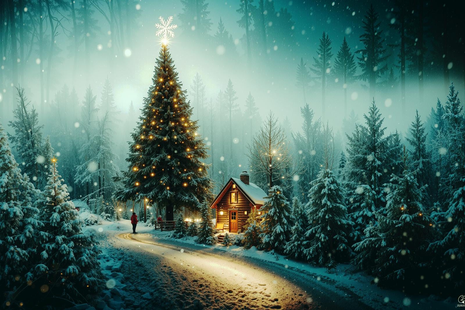 「ライトアップされたクリスマスツリーと山小屋」の写真