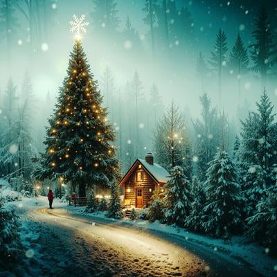 ライトアップされたクリスマスツリーと山小屋の写真