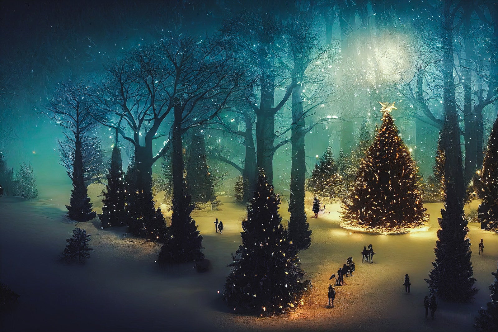 「ライトアップされたクリスマスツリーの森」の写真