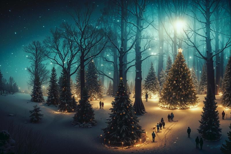 ライトアップされたクリスマスツリーの森の写真