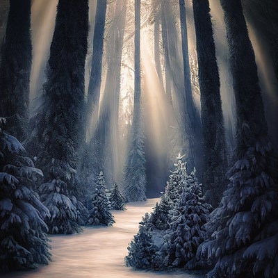 月明りが差し込む冬の森の写真