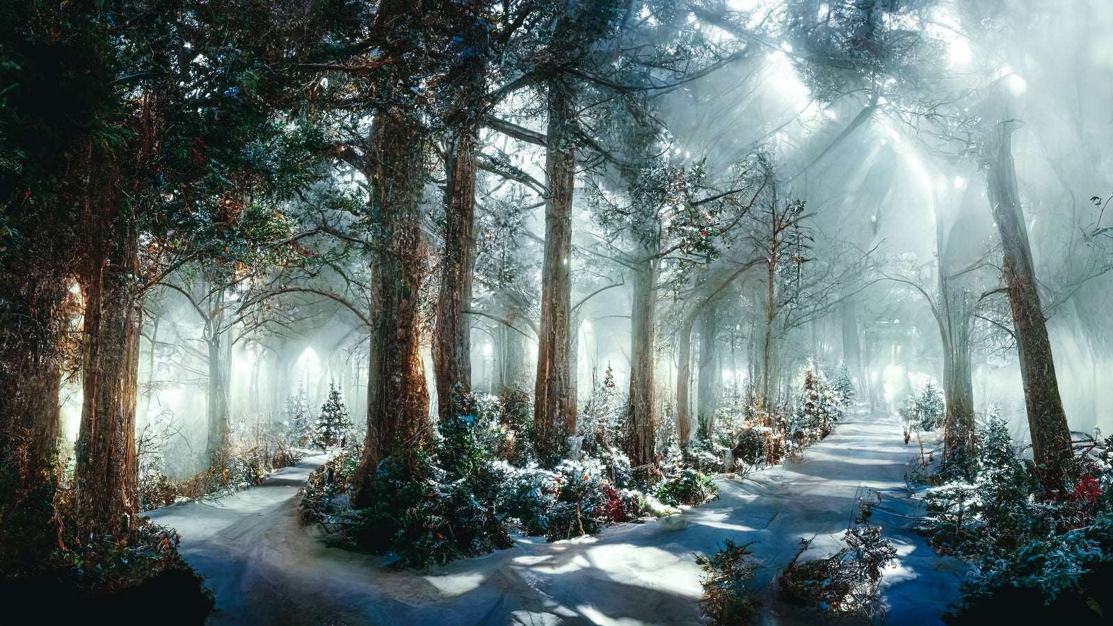 「日差しが照らされる森の雪道」の写真