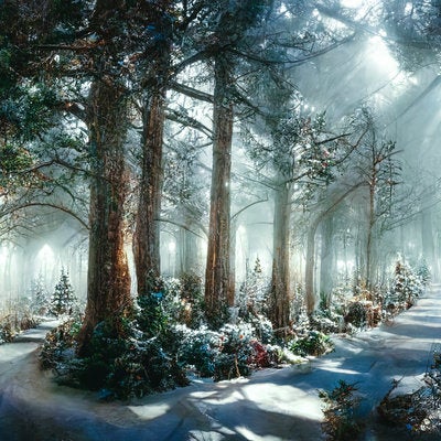 日差しが照らされる森の雪道の写真