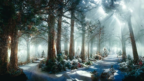日差しが照らされる森の雪道の写真