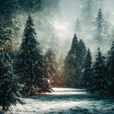 雪が舞うモミの木の深い森の写真