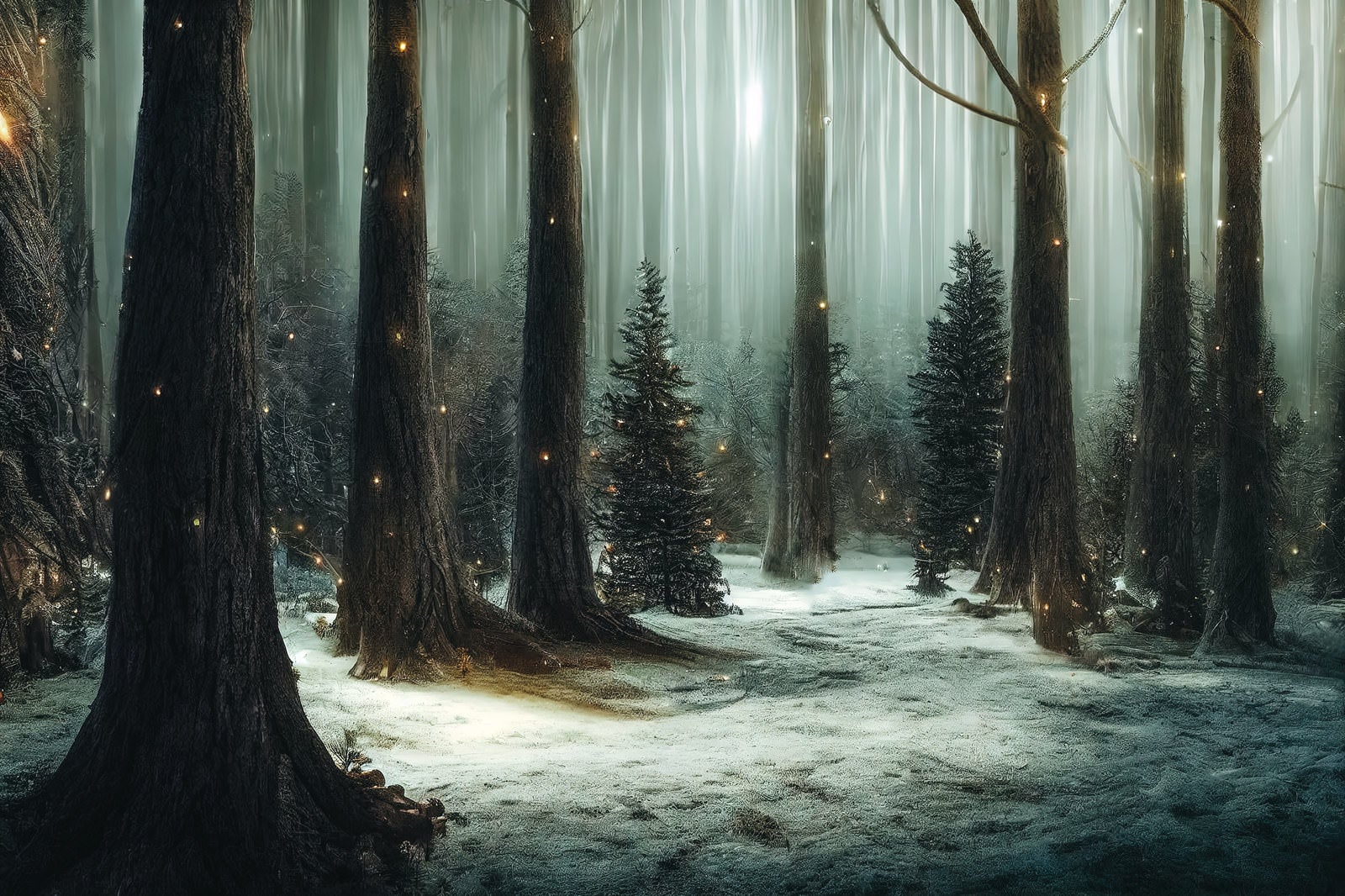 「光が舞うどこまでも続く冬の森」の写真