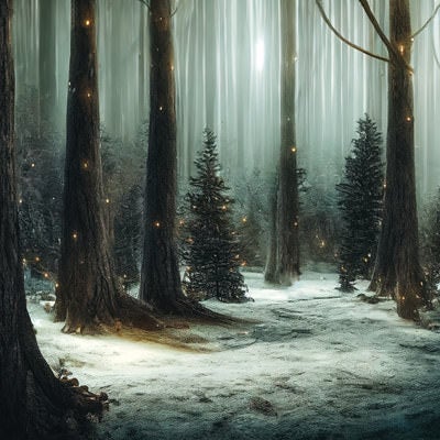 光が舞うどこまでも続く冬の森の写真