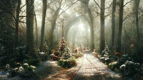 アーチ状の木々と雪の遊歩道の写真