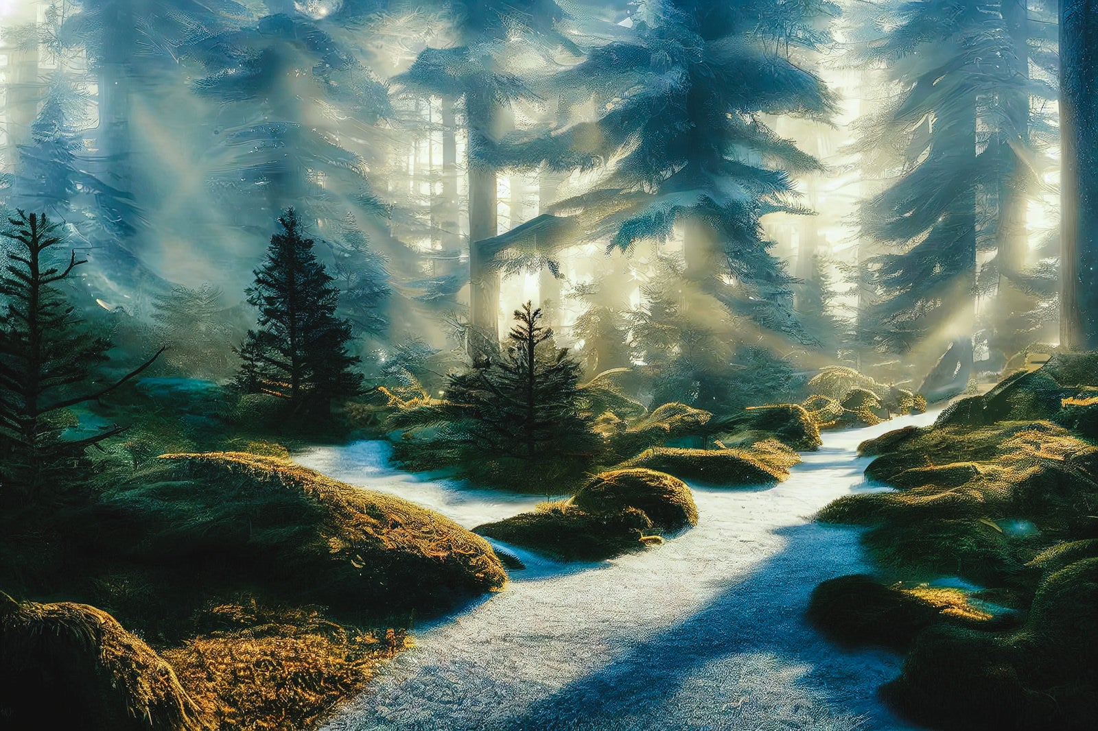 「朝靄の森と遊歩道」の写真