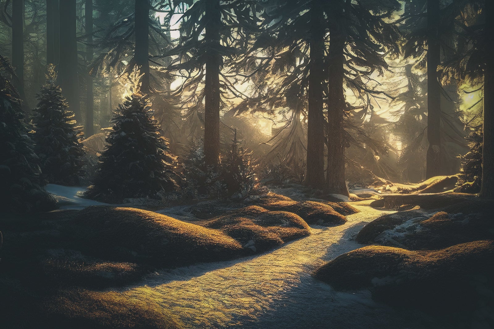 「朝日に照らされる冬の遊歩道」の写真