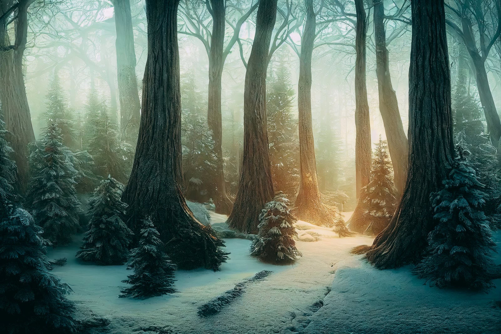 「雪が積もる森の夜明け」の写真