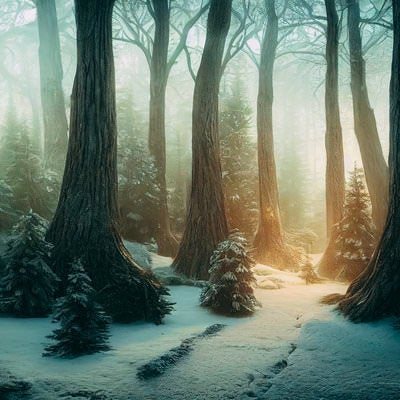 雪が積もる森の夜明けの写真