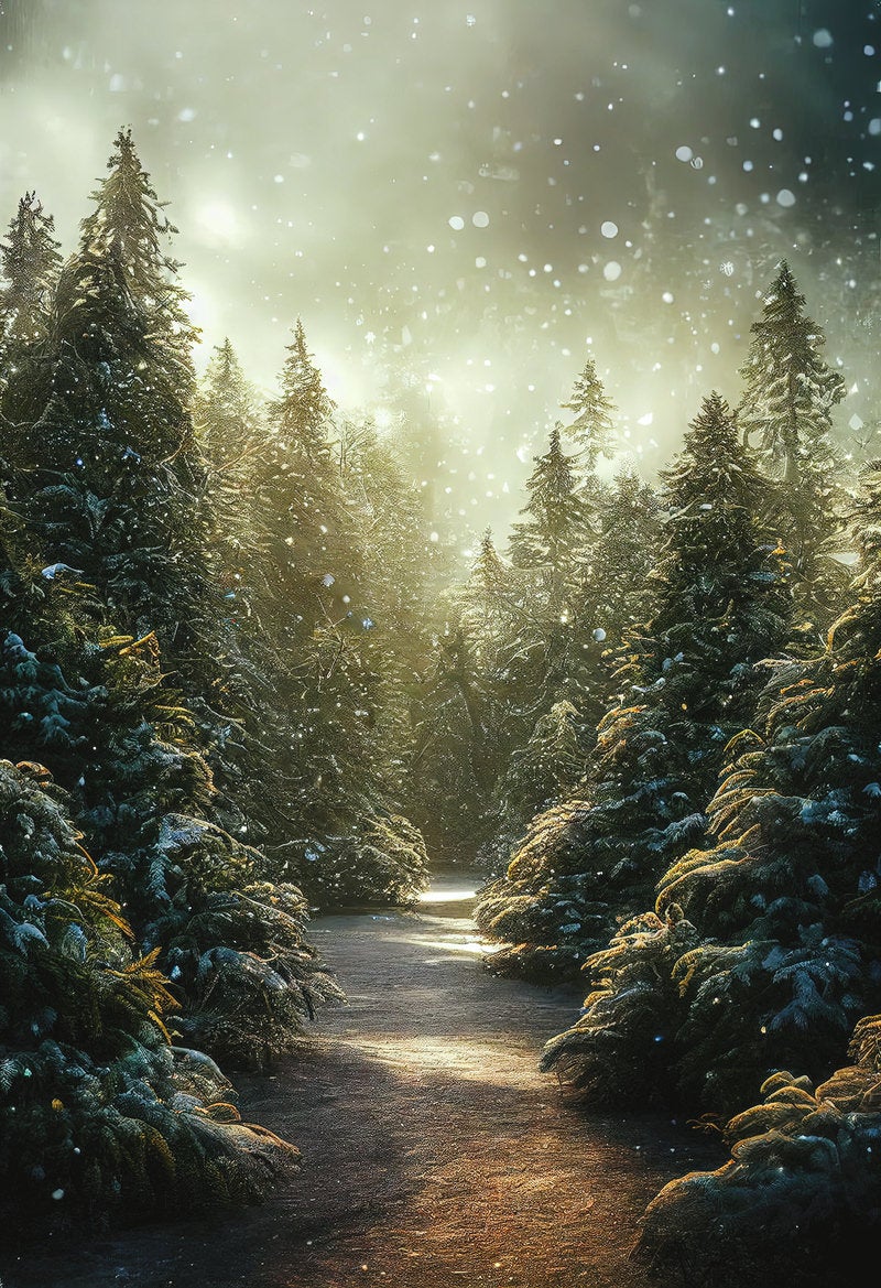 「舞い散る雪に光が反射するモミの木の森」の写真