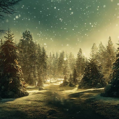 舞い散る雪と輝くモミの木の写真