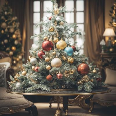 卓上のクリスマスツリーとオーナメントの写真